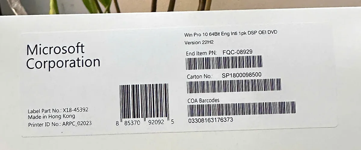Nhãn kiện hàng OEM DSP Windows Pro của Microsoft Corporation với End Item PN và mã vạch COA